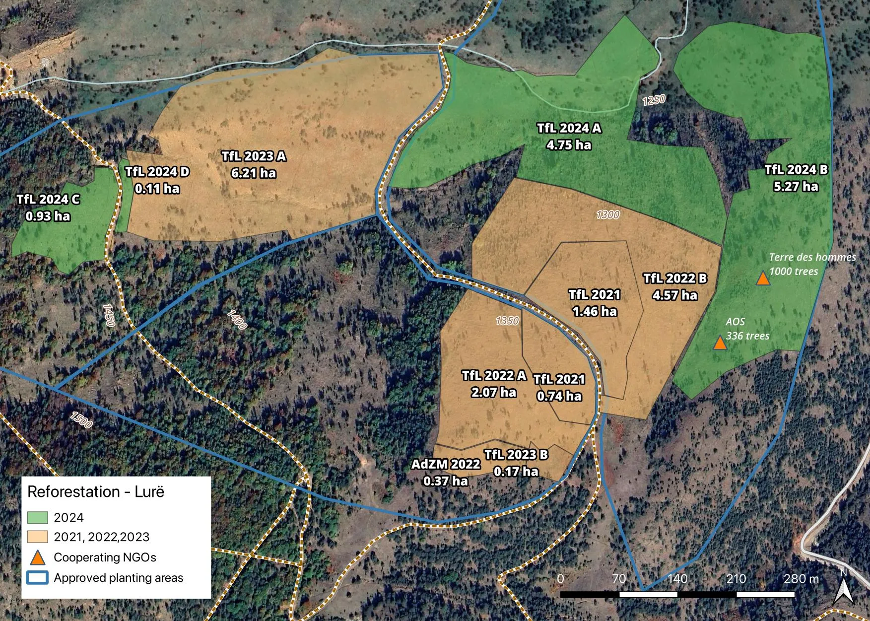 Overview of planting areas for 2024, including NGOs planting locations, excluding Pregj-Lurë planting area