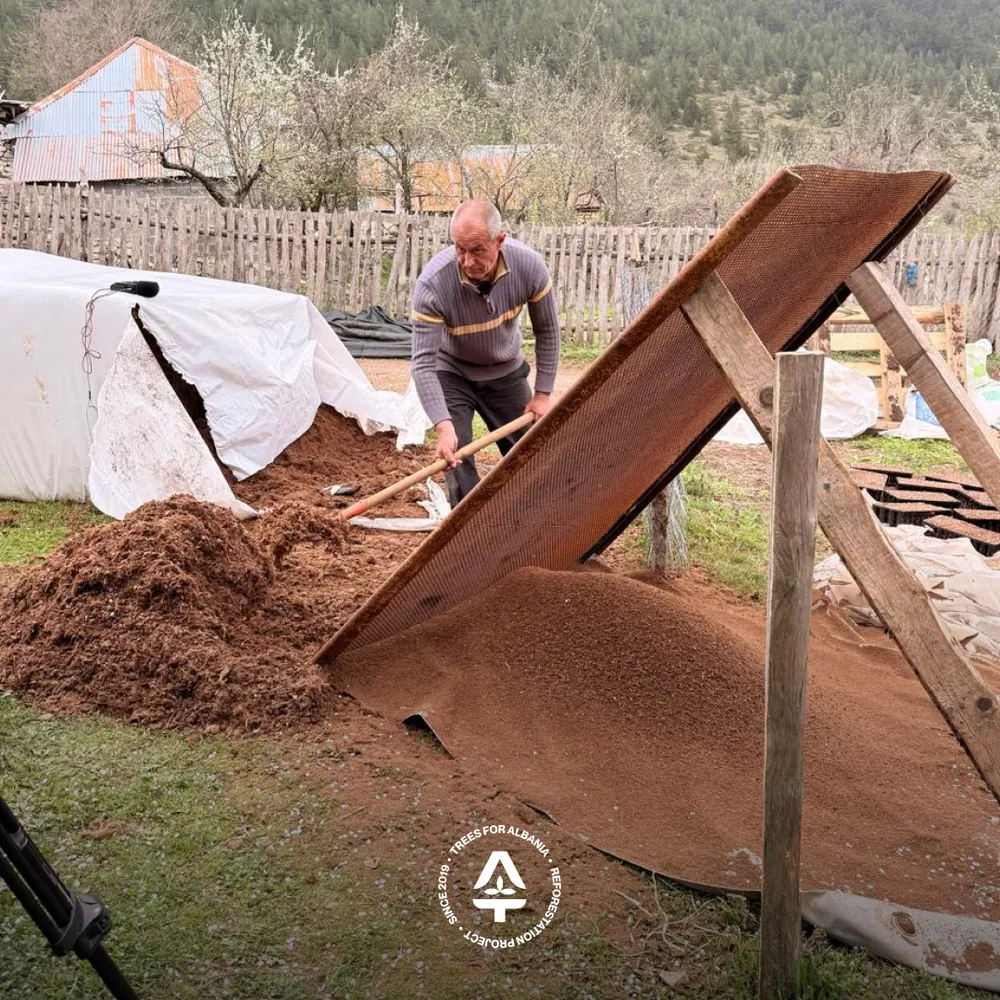 Imer sifting torfë before sowing seeds